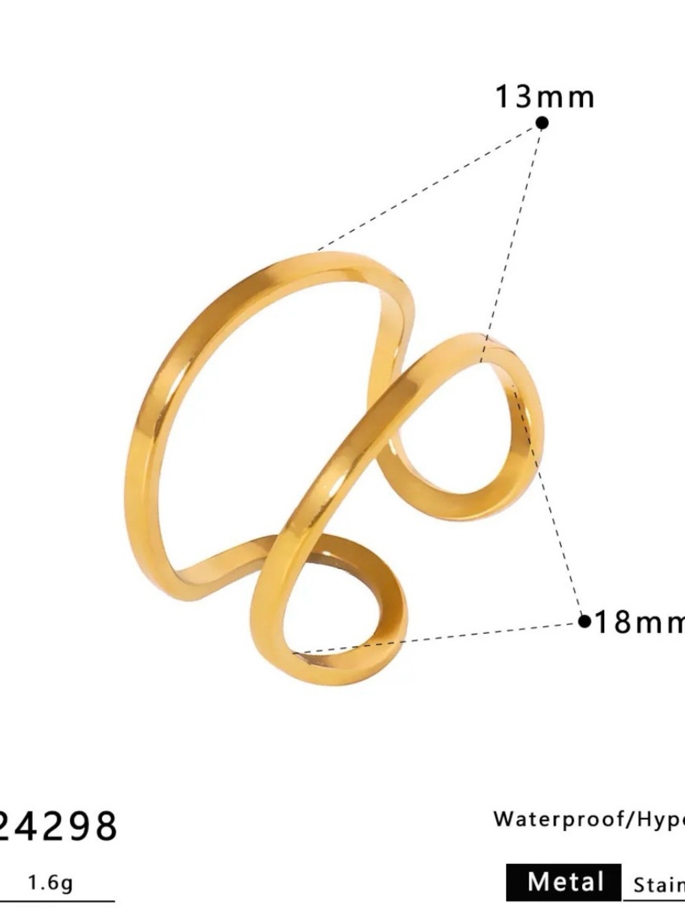 18k Gold plated Open Wave Double Loop Ring - Women Jewelry